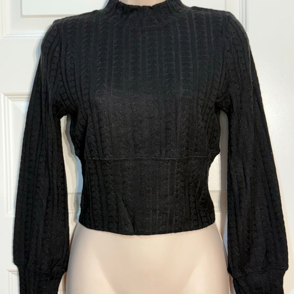 Band of the Free Black Rachel Long Sleeve Knit Mock Neck Cropped Sweater, Size M